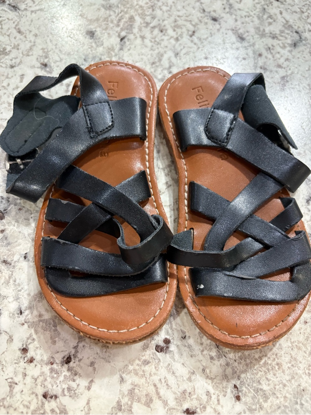 Kids Black Strappy Sandals with Brown Footbed by Feltman